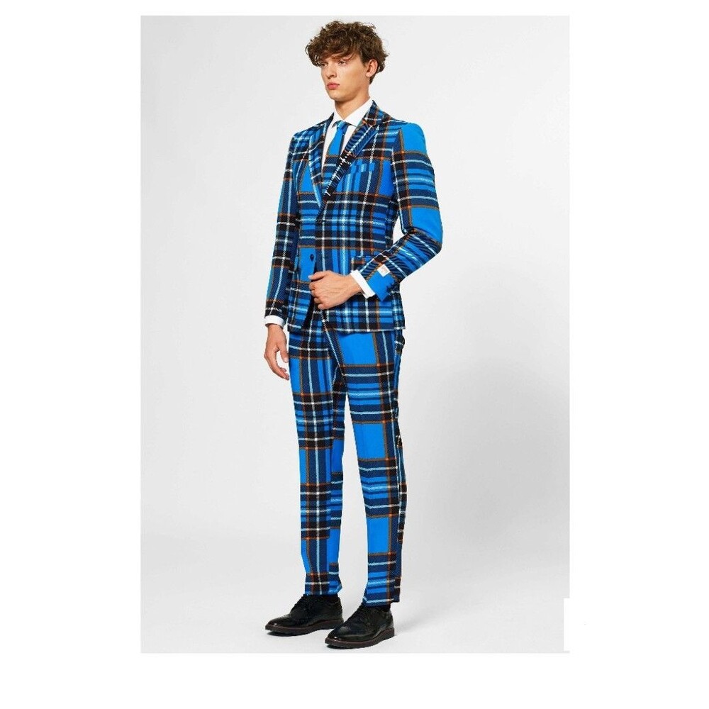 OppoSuits Braveheart Two Piece Suit-Blue/Orange/White Plaid-Sz 40 (34x33)